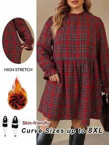 SHEIN CURVE+ فستان كاجوال للنساء بمقاس كبير بنقشة مربعات وأكمام بكشكشة ومرونة عالية لعيد الميلاد - الأسود - مشاهدة 8