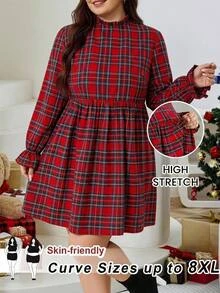 SHEIN CURVE+ فستان كاجوال للنساء بمقاس كبير بنقشة مربعات وأكمام بكشكشة ومرونة عالية لعيد الميلاد - الأسود - مشاهدة 5