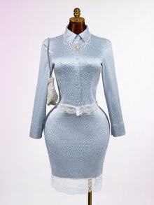 Mistrie Light Blue Satin Leopard Lace Trim Shirt  Bodycon Skirt, Elegant Romantic Fall Winter Matching Set High Tea Tea Party Aqua Blue - Blue - View 4