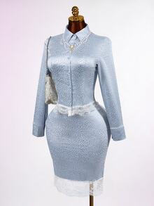 Mistrie Light Blue Satin Leopard Lace Trim Shirt  Bodycon Skirt, Elegant Romantic Fall Winter Matching Set High Tea Tea Party Aqua Blue - Blue - View 5