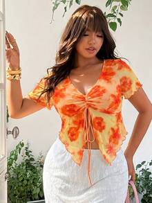 GalTyme Plus Size Women's Floral Print Pleated Casual Versatile Daily Outing Top - Orange - View 6