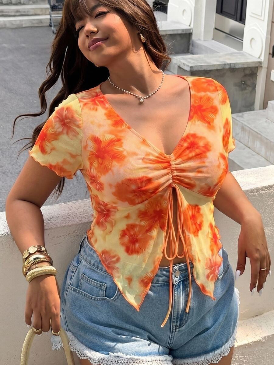 GalTyme Plus Size Women's Floral Print Pleated Casual Versatile Daily Outing Top