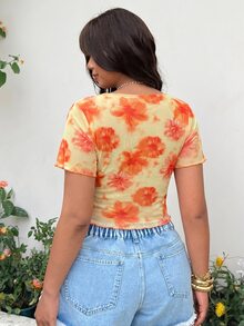GalTyme Plus Size Women's Floral Print Pleated Casual Versatile Daily Outing Top - Orange - View 3