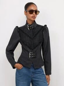 Maija Women's Bubble Sleeve Eyelet Button Design Fashion Regular Fit Jacket,Going Out Outfits, Work Outfits For Women,Fall Clothes - Black - View 7