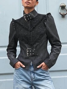 Maija Women's Bubble Sleeve Eyelet Button Design Fashion Regular Fit Jacket,Going Out Outfits, Work Outfits For Women,Fall Clothes - Black - View 1