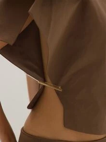 MUSEYN Brown Chocolate Woven Structured Asymmetric Oversized Collar Top Tailored Polished Crisp Everyday Casual Fall New Season Capsule Wardrobe - Brown - View 7