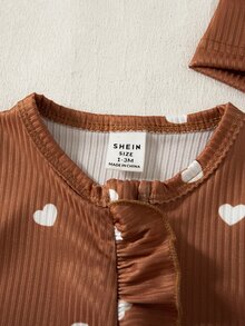 SHEIN 2件組新生女嬰連腳連身衣帽子套裝，可愛甜美棕色荷葉邊愛心印花蝴蝶結長袖圓領常規款，秋季公主派對度假針織 - 棕色 - 查看 8