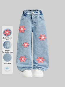 SHEIN Genkimix Kids 女童秋季棉質水洗百搭時尚休閒舒適花卉毛巾刺繡寬鬆設計彈性腰頭四季適用度假返校季藍色水洗寬鬆寬腿牛仔褲 - 中等水洗藍 - 查看 3