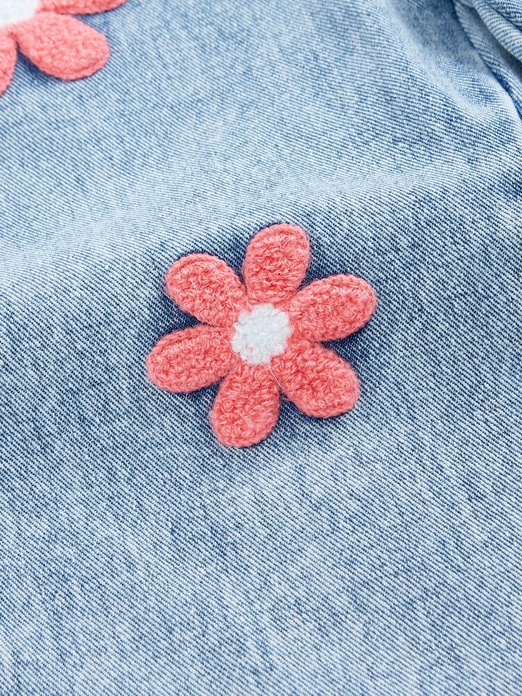 SHEIN Genkimix Kids بنطلون جينز أزرق مغسول واسع الساق للفتيات، قطن مغسول، بتصميم فضفاض مريح وكاجوال عصري متعدد الاستخدامات، مطرز بنقوش زهرية على قماش فوطة، خصر مطاطي، مناسب لجميع الفصول وللعطلات وموسم العودة إلى المدرسة - أزرق متوسط - مشاهدة 5