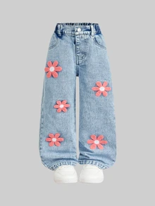 SHEIN Genkimix Kids 女童秋季棉質水洗百搭時尚休閒舒適花卉毛巾刺繡寬鬆設計彈性腰頭四季適用度假返校季藍色水洗寬鬆寬腿牛仔褲 - 中等水洗藍 - 查看 6