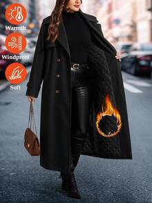 SHEIN Clasi 大尺碼女款純色口袋商務休閒優雅長袖風衣外套 辦公室晚宴正式黑色秋季 - 黑色 - 查看 9