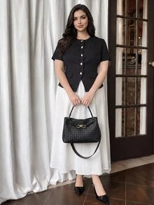 Modelyn 圓領金屬鈕扣上衣黑白對比色喇叭裙優雅兩件套晚宴夏季正式早午餐 - 黑與白 - 查看 1