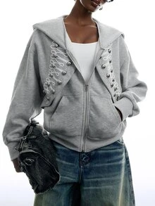 LYSMO 女款休閒連帽衛衣，鈕扣裝飾與前拉鍊設計，淺灰色，適合秋季日常穿著 - 深灰色 - 查看 8
