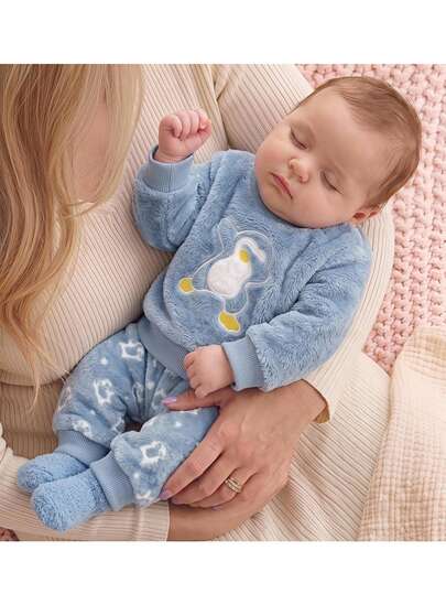 SHEIN Newborn Cute Penguin Embroidered Pattern Versatile Shoulder Snap Thick Double-Sided Fleece Pullover Top Casual Versatile Animal Print Long Pants Set Suitable For Winter