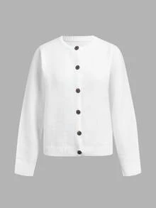 SHEIN BASICS Women's Round Neck Plain White Cardigan Sweater With 6 Buttons Autumn Coat Back-To-School Teachers' Day School Teacher Elementary Casual - White - View 5