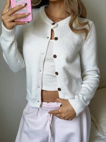 SHEIN BASICS Women's Round Neck Plain White Cardigan Sweater With 6 Buttons Autumn Coat Back-To-School Teachers' Day School Teacher Elementary Casual - White - View 9