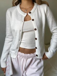 SHEIN BASICS Women's Round Neck Plain White Cardigan Sweater With 6 Buttons Autumn Coat Back-To-School Teachers' Day School Teacher Elementary Casual - White - View 7