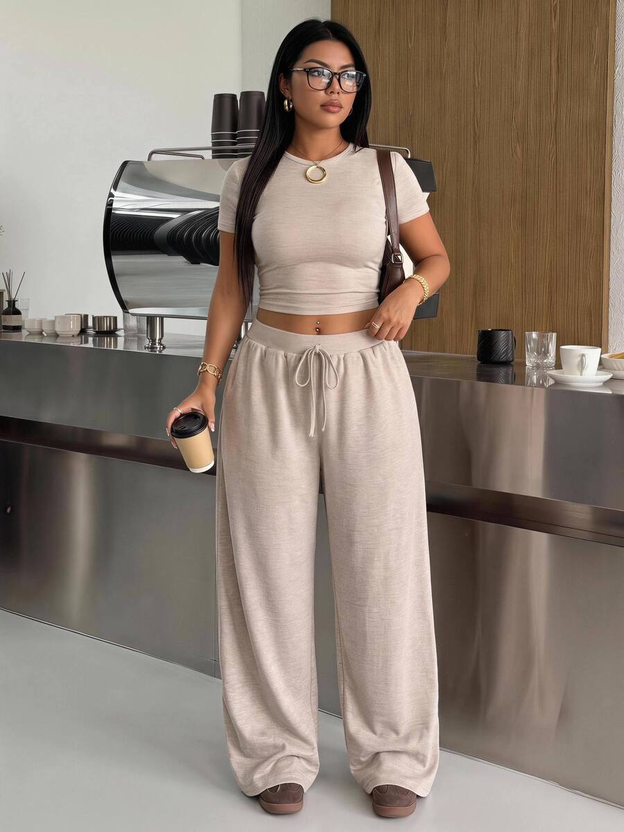 Muchica Casual Traditional Women's Plus Size Round Neck Short Sleeve T-Shirt And Pants 2 Pieces Set Formal Vacation Grey Summer - Khaki - View 1