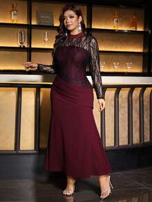 SHEIN Clasi Plus Size Black Lace Elastic Long Dress Party Dinner Formal Fluffy Cocktail Evening Night Gathering Wedding Fall Elegant Romantic Christmas - Burgundy - View 7