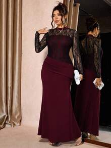 SHEIN Clasi Plus Size Black Lace Elastic Long Dress Party Dinner Formal Fluffy Cocktail Evening Night Gathering Wedding Fall Elegant Romantic Christmas - Burgundy - View 3