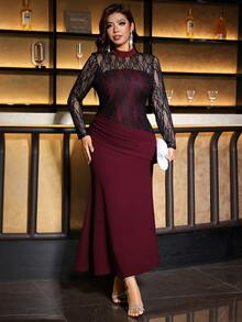 SHEIN Clasi Plus Size Black Lace Elastic Long Dress Party Dinner Formal Fluffy Cocktail Evening Night Gathering Wedding Fall Elegant Romantic Christmas - Burgundy - View 8