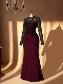 SHEIN Clasi Plus Size Black Lace Elastic Long Dress Party Dinner Formal Fluffy Cocktail Evening Night Gathering Wedding Fall Elegant Romantic Christmas - Burgundy - View 11