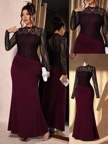 SHEIN Clasi Plus Size Black Lace Elastic Long Dress Party Dinner Formal Fluffy Cocktail Evening Night Gathering Wedding Fall Elegant Romantic Christmas - Burgundy - View 2
