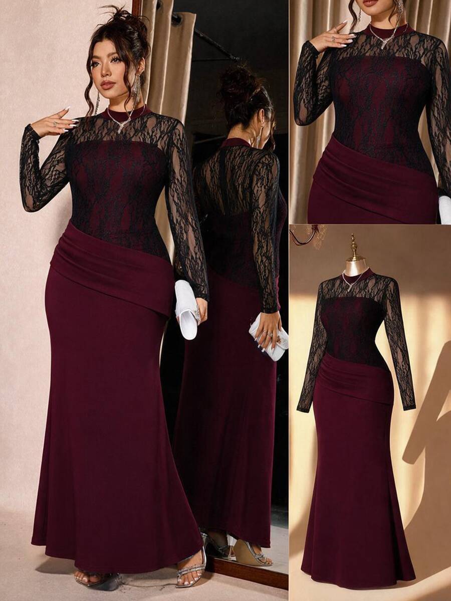 SHEIN Clasi Plus Size Black Lace Elastic Long Dress Party Dinner Formal Fluffy Cocktail Evening Night Gathering Wedding Fall Elegant Romantic Christmas
