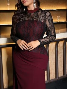 SHEIN Clasi Plus Size Black Lace Elastic Long Dress Party Dinner Formal Fluffy Cocktail Evening Night Gathering Wedding Fall Elegant Romantic Christmas - Burgundy - View 5