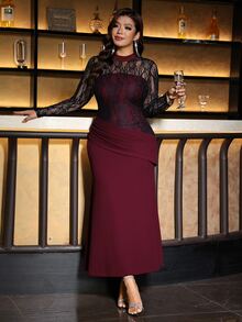 SHEIN Clasi Plus Size Black Lace Elastic Long Dress Party Dinner Formal Fluffy Cocktail Evening Night Gathering Wedding Fall Elegant Romantic Christmas - Burgundy - View 9