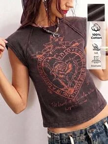 Bohemela Women's Summer Casual Streetwear Country Grunge Heart Rose Print T-Shirt Rave Concert After Party Dark Orange - Brown - View 8