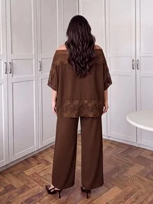 Cirelune طقم علوي وبنطلون من قطعتين بتصميم فضفاض وأنيق مع رقع دانتيل بني، مقاس كبير - بني - مشاهدة 3