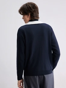 Manfinity CasualKnits 男士 Polo 領長袖套頭針織衫，學院風休閒秋季上衣，適合日常穿著、休閒度假，V 領撞色設計 - 藏蓝色 - 查看 3