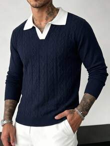 Manfinity CasualKnits 男士 Polo 領長袖套頭針織衫，學院風休閒秋季上衣，適合日常穿著、休閒度假，V 領撞色設計 - 藏蓝色 - 查看 2