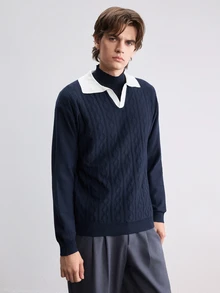 Manfinity CasualKnits 男士 Polo 領長袖套頭針織衫，學院風休閒秋季上衣，適合日常穿著、休閒度假，V 領撞色設計 - 藏蓝色 - 查看 6