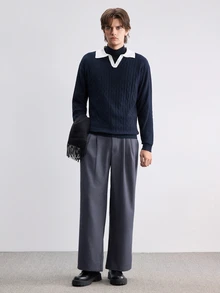 Manfinity CasualKnits 男士 Polo 領長袖套頭針織衫，學院風休閒秋季上衣，適合日常穿著、休閒度假，V 領撞色設計 - 藏蓝色 - 查看 7