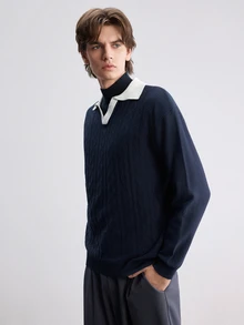 Manfinity CasualKnits 男士 Polo 領長袖套頭針織衫，學院風休閒秋季上衣，適合日常穿著、休閒度假，V 領撞色設計 - 藏蓝色 - 查看 5