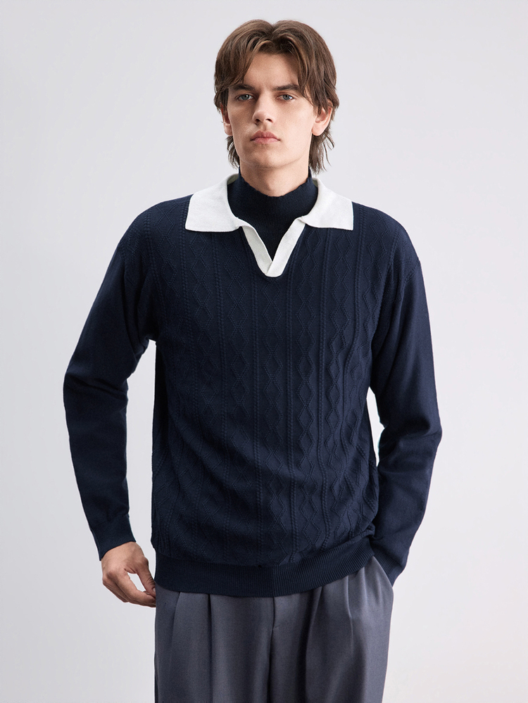 Manfinity CasualKnits Men's Polo Collar Long Sleeve Pullover Sweater Preppy Casual Autumn Top, Suitable For Daily Wear, Leisure, Vacation, V-Neck Colorblock - Navy Blue - View 4