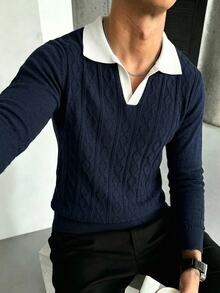 Manfinity CasualKnits 男士 Polo 領長袖套頭針織衫，學院風休閒秋季上衣，適合日常穿著、休閒度假，V 領撞色設計 - 藏蓝色 - 查看 1