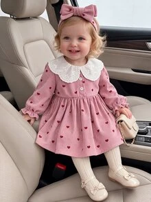 SHEIN 2件組幼兒女嬰甜美可愛粉色愛心印花蕾絲領燈芯絨長袖圓領常規生日派對秋季假期套裝附髮箍 - 粉色 - 查看 3