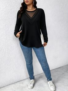 EMERY ROSE Kaos Wanita Ukuran Besar Elegan Seksi Kasual Minimalis Serbaguna untuk Komuter Kerah Bulat dengan Patchwork Renda Mesh Desain Plisket Garis Lengan Panjang, Cocok untuk Musim Semi dan Musim Gugur - Hitam - View 5