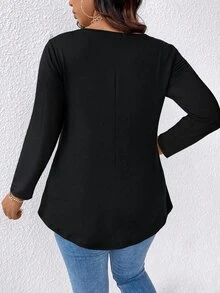 EMERY ROSE Kaos Wanita Ukuran Besar Elegan Seksi Kasual Minimalis Serbaguna untuk Komuter Kerah Bulat dengan Patchwork Renda Mesh Desain Plisket Garis Lengan Panjang, Cocok untuk Musim Semi dan Musim Gugur - Hitam - View 2