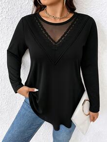 EMERY ROSE Kaos Wanita Ukuran Besar Elegan Seksi Kasual Minimalis Serbaguna untuk Komuter Kerah Bulat dengan Patchwork Renda Mesh Desain Plisket Garis Lengan Panjang, Cocok untuk Musim Semi dan Musim Gugur - Hitam - View 3
