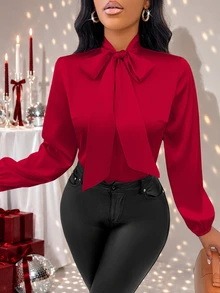 SOLERSUN Glossy And Elegant Apricot Colored Shirt For Women's Commuting, Casual Business For New Year Holiday Party Clothes - Red - View 7