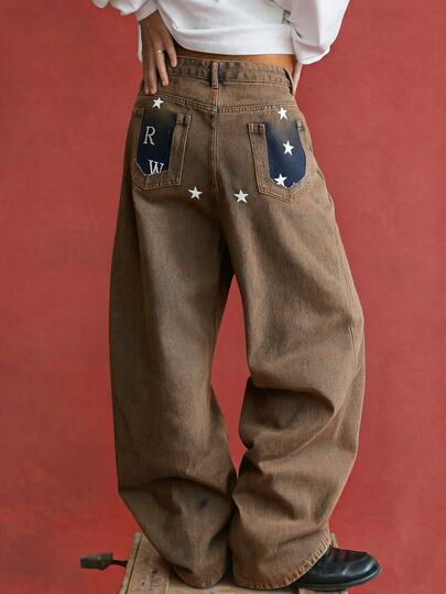 ROMWE MEN Fashion Printed Distressed Washed Vintage Retro Casual Versatile Men's Denim Jeans