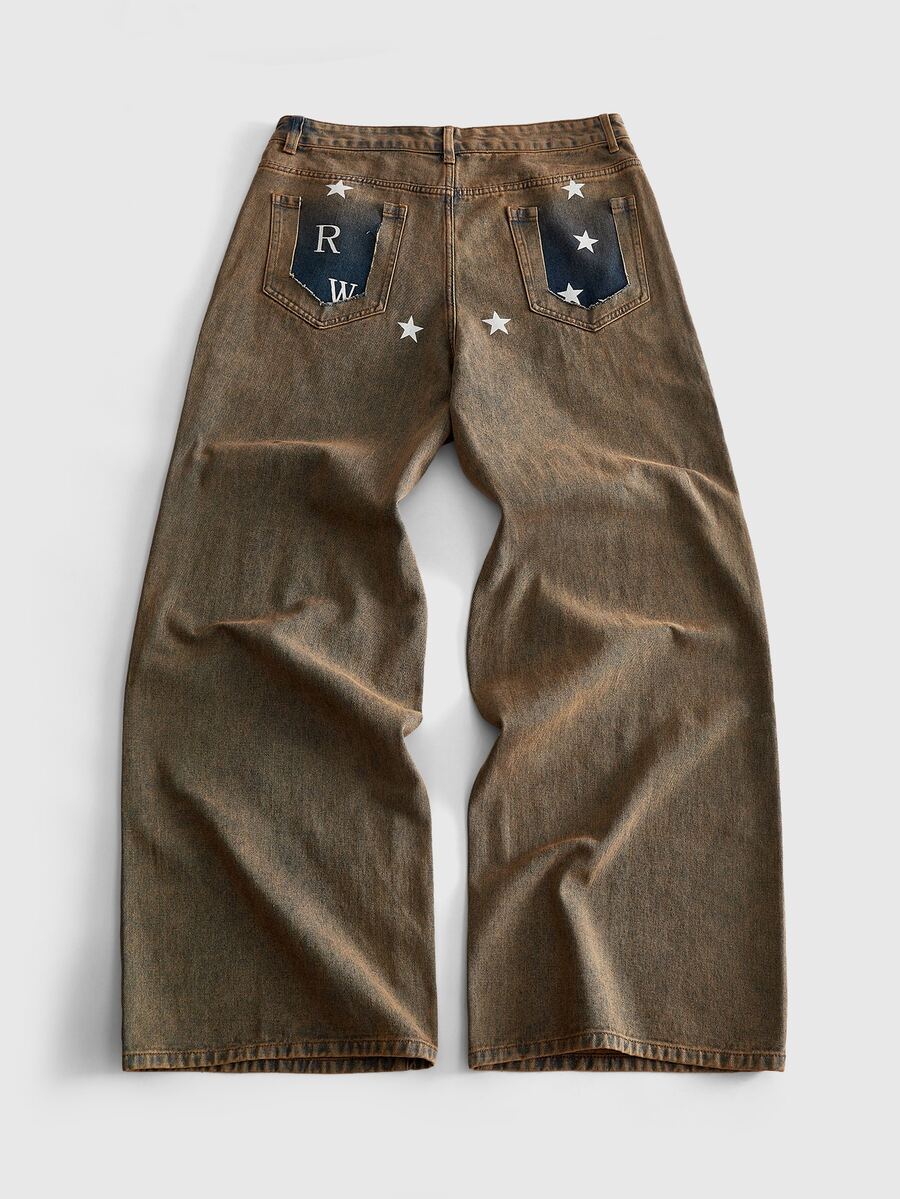 ROMWE MEN Fashion Printed Distressed Washed Vintage Retro Casual Versatile Men's Denim Jeans - Mustard Yellow - View 1