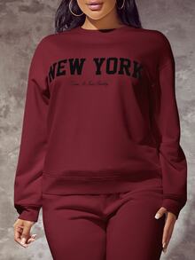 SHEIN SXY Letter Graphic Drop Shoulder Sweatshirt,Long Sleeve Tops In Fall/Winter - Burgundy - View 1