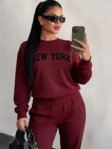 SHEIN SXY Letter Graphic Drop Shoulder Sweatshirt,Long Sleeve Tops In Fall/Winter - Burgundy - View 6