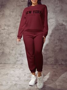 SHEIN SXY Letter Graphic Drop Shoulder Sweatshirt,Long Sleeve Tops In Fall/Winter - Burgundy - View 5