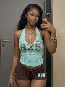 Fiercella Fiercella 女款春夏兩件套 黃色細肩帶背心與藍色短褲 HypeZone-D 性感細肩帶背心 前面字母印花裝飾 修身顯身材 適合運動休閒度假娛樂 - 薄荷藍 - 查看 3